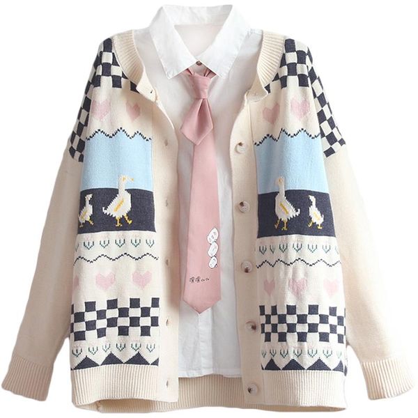 

women's knits & tees cartoon duck jacquard harakuju knit women cardigan 2021 winter warm sweet stylish female kawaii cute outwear coat, White