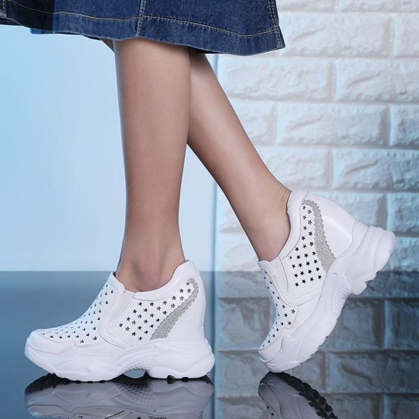 

dress shoes women creepers spring increasing height casual slip on summer platform wedges fashion elastic band footwear, Black