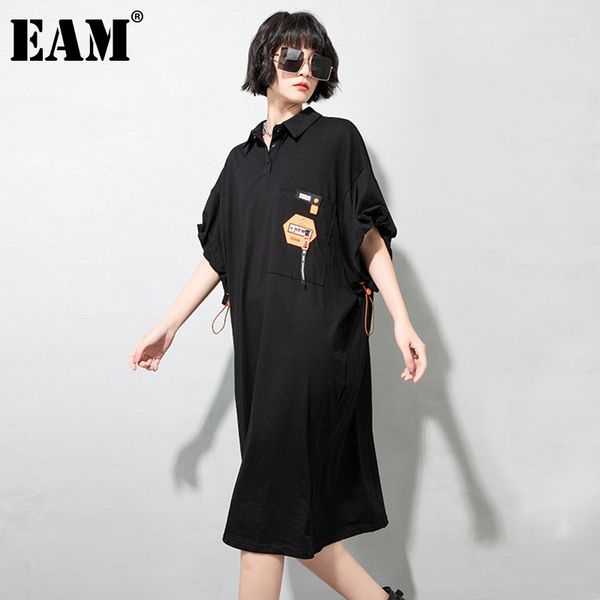 

[eam] women black pattern printed big size dress lapel half sleeve loose fit fashion spring summer 1dd7739 210512, Black;gray