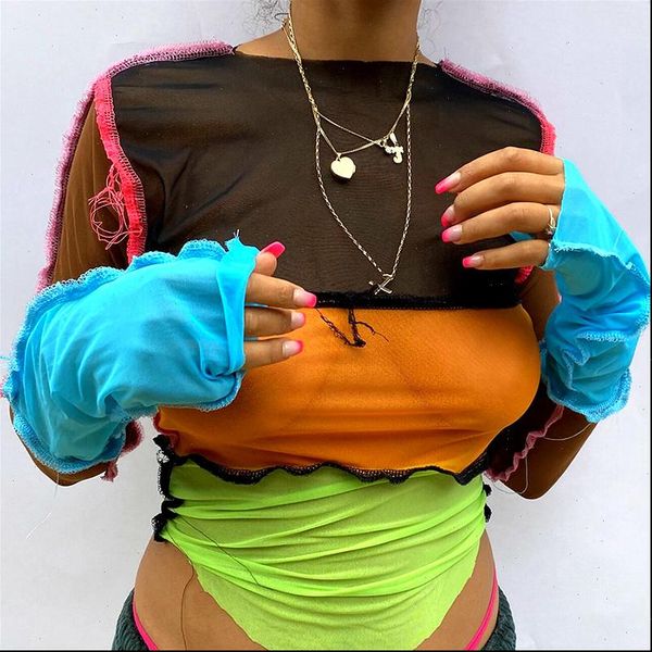 

long sleeve mesh sheer women shirts crop spring summer color patchwork see through blouse club female, White