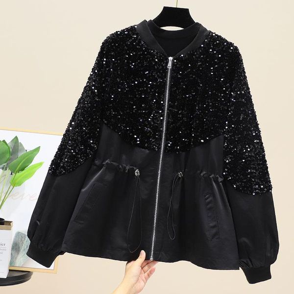 

women's trench coats in stock 2021 autumn fashion long sleeve high street sequin patchwork drawstring coat female outwear black jacket, Tan;black