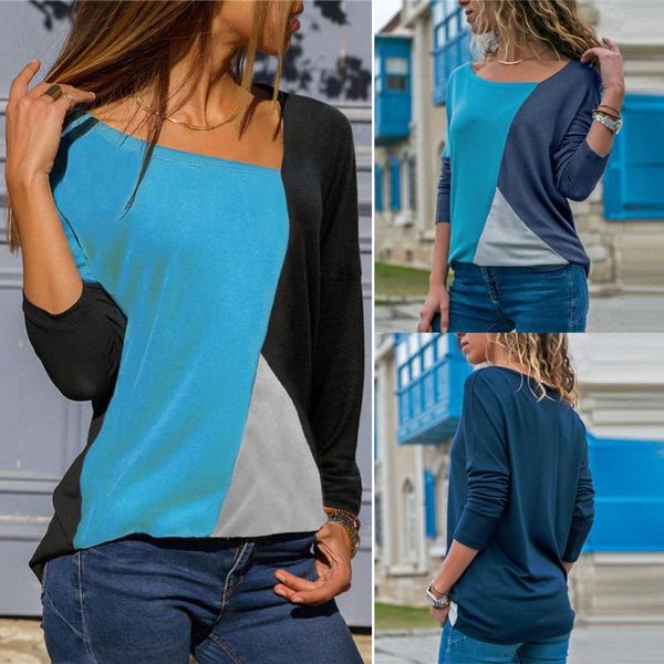 

women's t-shirt v-neck tshirt women 2021 basic patchwork color block summer tees long sleeve streetwear loose ladies casual, White