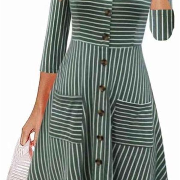 

new neck 2020 loose round autumn button long sleeve large women's dress, Black;gray