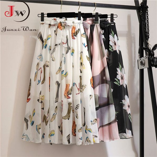 

women summer floral print chiffon skirts girls spring korean a-line high waist ladies elegant office holiday midi skirt 210510, Black