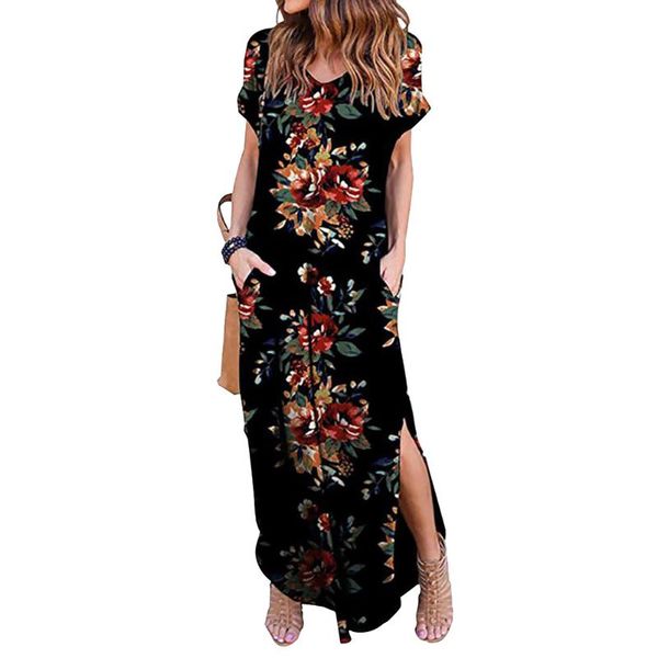 

casual dresses v neck long stretchy lightweight backless with pocket loose fit soft daily short sleeve shopping women dress, Black;gray