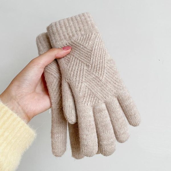 

five fingers gloves fashion cashmere women men winter cold protection double-layer thickening warm touch screen knitted woolen, Blue;gray