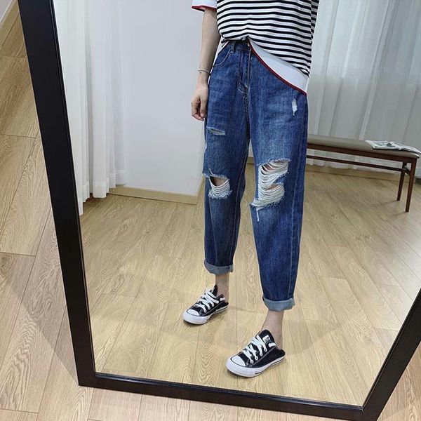 

women's jeans 2021 arrival summer korean style women cotton denim hole design ankle-length pants button waist harem w653, Blue