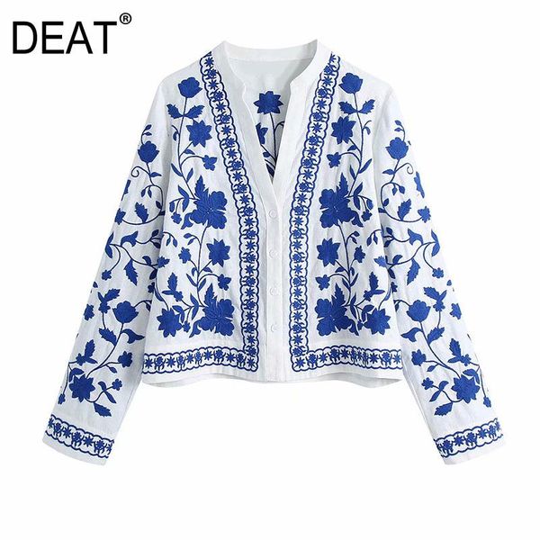 

women's blouses & shirts [deat] women single-breasted printing embroidery long sleeve v-neck elegant shirt 2021 spring fashion tide 13, White