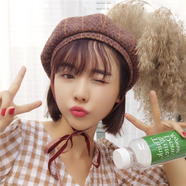 

autumn and winter new beret women's british style casual versatile ribbon plaid wool octagonal hat, Blue;gray