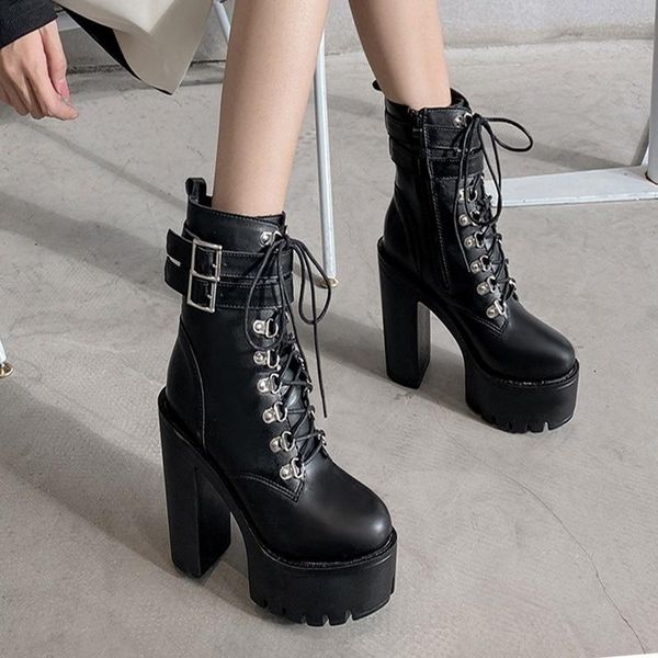 

dress shoes 2021 fashion thick heel lace up boots women's high size, Black