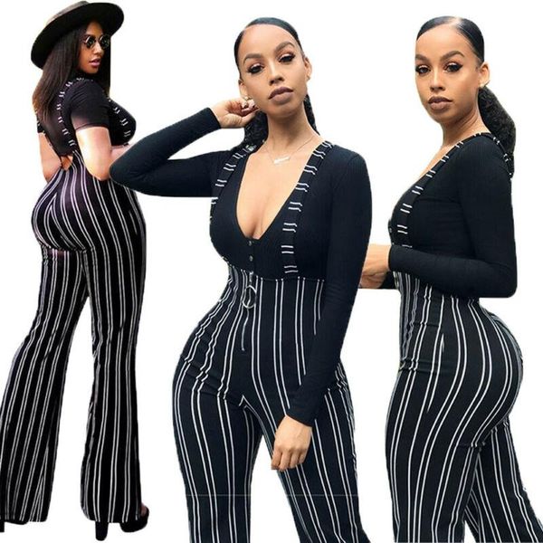 

women's pants & capris women fashion striped clubwear playsuit bodycon party jumpsuit suspender flared trousers overalls for ladies, Black;white