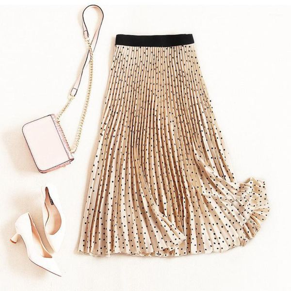 

women skirts fashion casual long elastic waist pleated maxi beach boho vintage dot print ladies party summer midi #1, Black