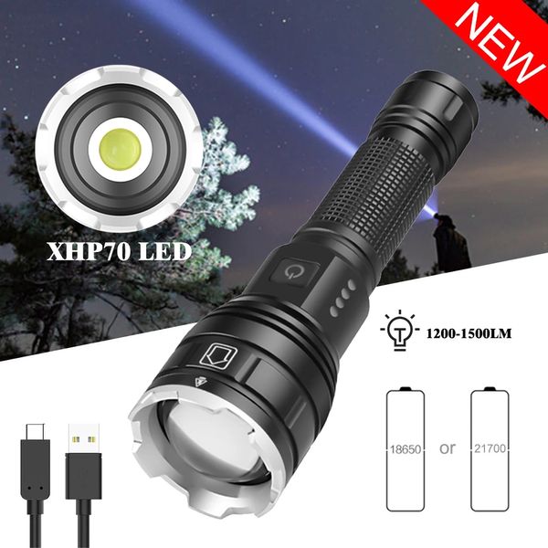 La più potente torcia a LED XHP70 Torcia ad alta potenza 1500LM Torcia tattica 5 modalità Zoom USB Lampada da lavoro da campeggio 1230