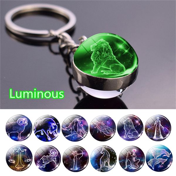 

12 constellation luminous keychain glass ball pendant glow in the dark key chain holder, Slivery;golden
