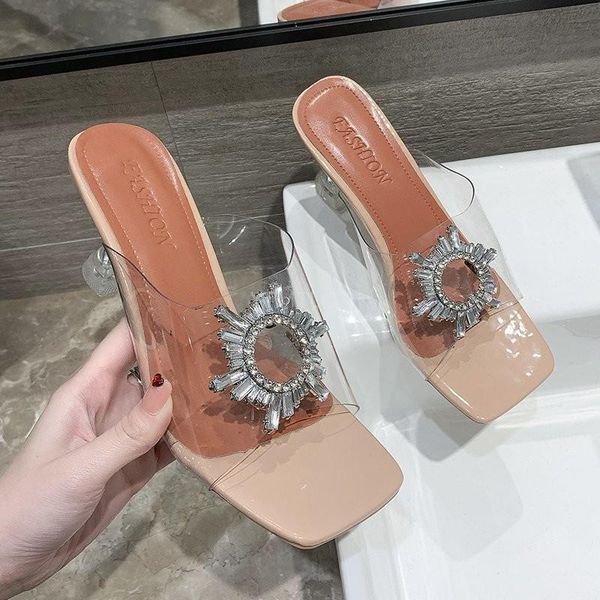 

transparent crystal sun flowers buckle womens slippers summer square toe ladies high heels sandals shoes zapatillas mujer, Black