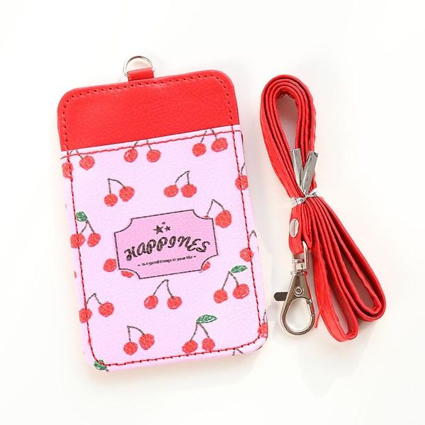 

card holders simple and cute fruit pattern pu pickup bag with keychain, bus package, meal id lanyard, neckban, Brown;gray