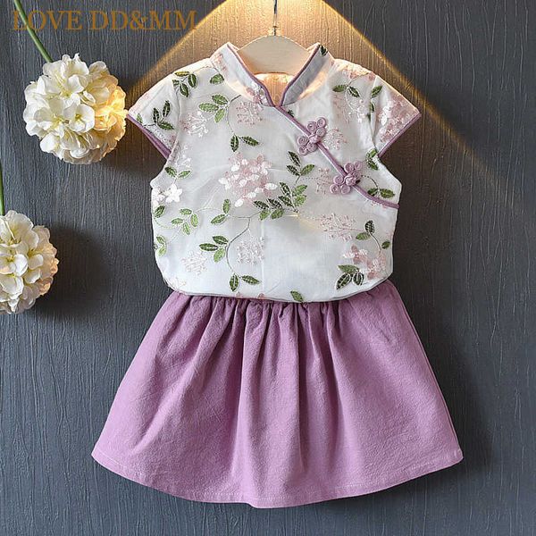 

love dd&mm girls sets summer children's clothing girls retro national style embroidery cheongsam shirts + skirts suit 210715, White