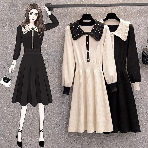 

casual dresses plus size 4xl beading knitted women fall winter thick warm patchwork long sleeve sweater dress femme robes vestidos, Black;gray