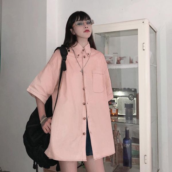 

women's blouses & shirts shirt 2021 summer pink vintage harajuku short sleeve square collar baggy tooling style single breasted blouse, White