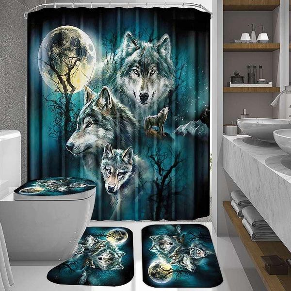 

bath mats bathroom washroom wolf printing shower curtain anti-slip lid toilet cover set mildew-proof waterproof