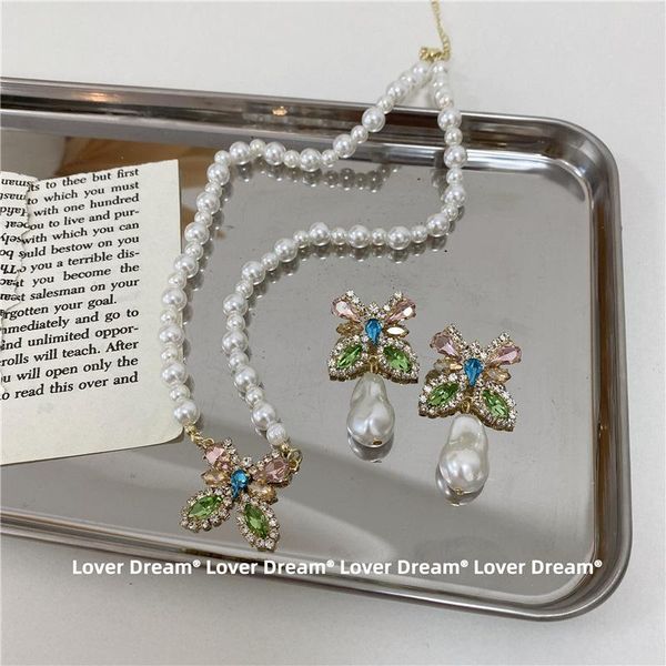 

earrings & necklace korea ins color vintage butterfly pendant green pink rhinestone pearl earring jewelry set for women, Silver
