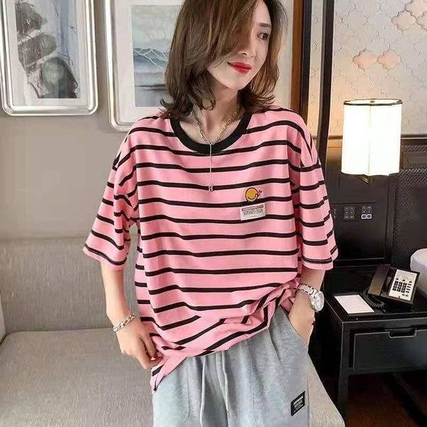 

summer korean style women loose casual o-neck striped print t shirt all-matched short sleeve cotton t-shirt w266 women's, White