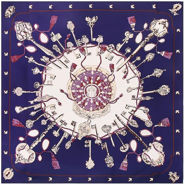 

scarves lady retro key northern europe fashion style scarf 130*130cm twill silk women square tassel outdoor accessories, Blue;gray