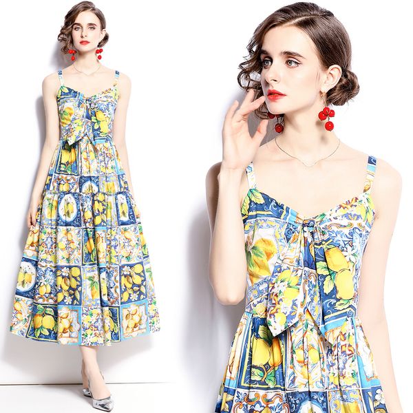 Runway vintage baroche Lemons Stampa femminile donne midi da sole lunghe prese per papilla senza maniche festa occasionali feste natalizie nuove arrivate estate all'ingrosso dropshipping