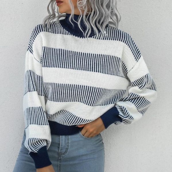 

women's sweaters 2021 autumn winter sweater womens pullover turtleneck stripe lantern sleeve fashion casual western style ladies, White;black
