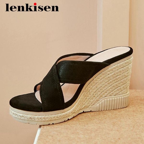 

dress shoes lenkisen leisure real leather straw thick bottom wedges peep toe super high heels young lady daily wear summer sandals women l10, Black