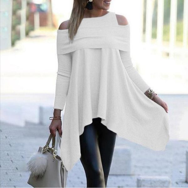 

women's t-shirt off shoulder t-shirts spring autumn long sleeve irregular knitted pullovers 2021 lady o neck splicing plus size casual, White