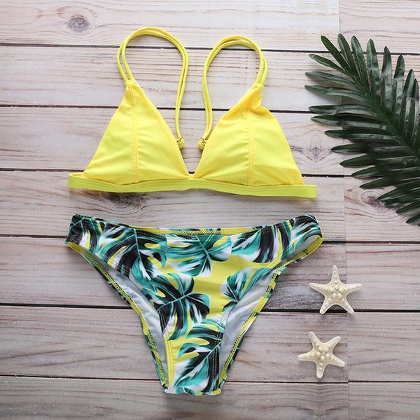 

women's swimwear women bikini set print leaves push-up padded bathing swimsuit beachwear swimming suit for 2021, White;black