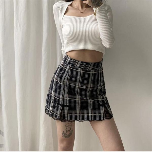 

skirts women retro plaid summer mini skirt a-line high waist school student fashion bottoms girls stylish lace trim, Black