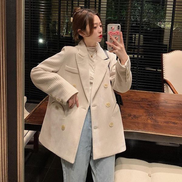 

women's suits & blazers autumn women mid-length blazer loose fashion rendy streetwear office ladies tailored collar beige solid color b, White;black