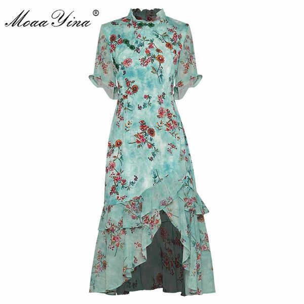 Мода дизайнерское платье лето женское платье стенд воротник цветочные принт бисером асимметричные оборками китайский стиль платья 210524