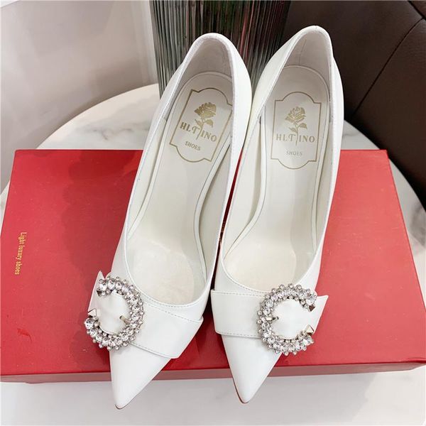 

dress shoes 2021 summer style lady white leather crystal strass pointe toe high heel pumps bride wedding big size 43 8cm, Black
