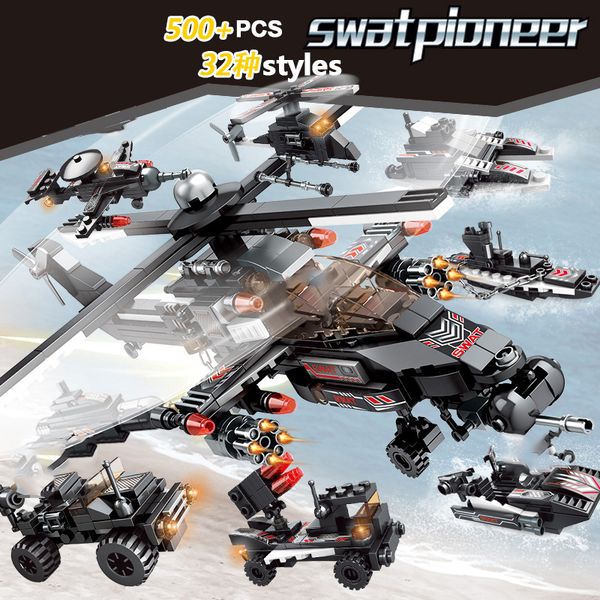 

8IN1 City Police Swat Plane Building Blocks Military Swat Team Bricks Set Helicopter Navy Boat Mini Blocks Toys Set For Children
