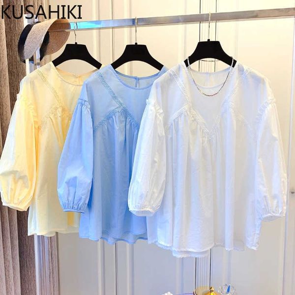 

woman doll shirt korean pleated puff sleeve o-neck blouse causal summer pullove blusas feminimos 6h053 210603, White