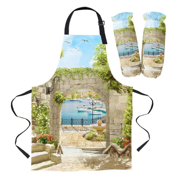 

aprons arch building flower tree apron set kitchen cooking bib children baking gloves oil-proof sleeves sanitary cleaning