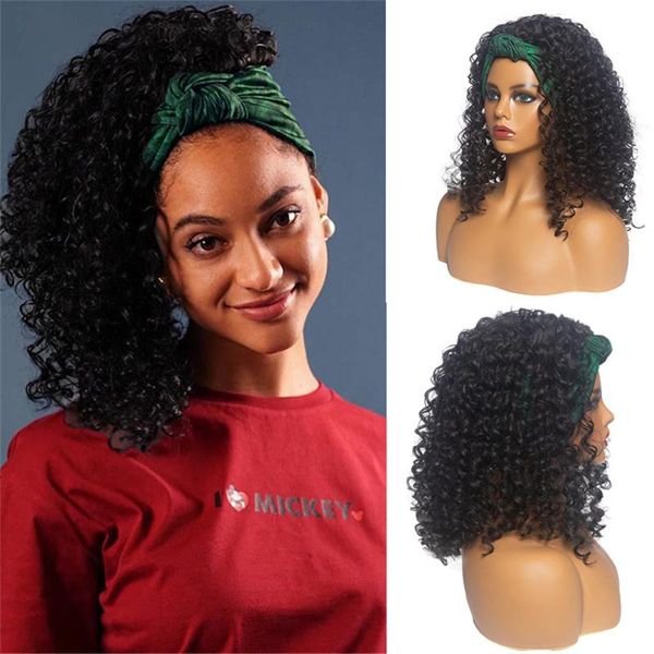 

synthetic wigs long kinky curly headband wig afro scarf wrap for women fake hair natural looking hig temperature fiber, Black