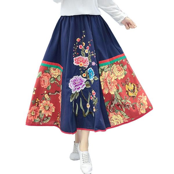 

skirts traditional chinese women autumn vintage high waist ladies ethnic floral patchwork embroidery cotton linen, Black