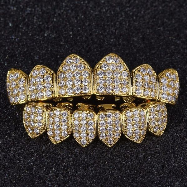 

luxury design diamond teeth grillz gold vampire fangs cz grillz for men women bottom grillz with molding bar 107 u2, Black