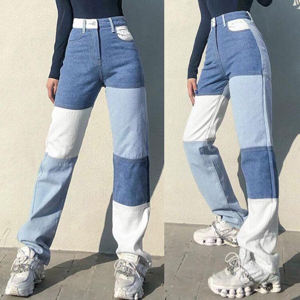

women's jeans high-waisted denim straight leg pants spliced jacking bag collision color washed blue casual