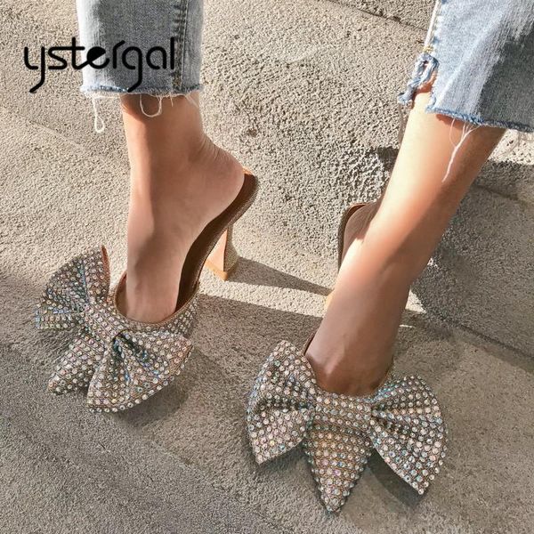 

slippers ystergal crystal big bowknot women summer sandals ladies pointed toe 10cm high heels pumps mules dress shoes, Black