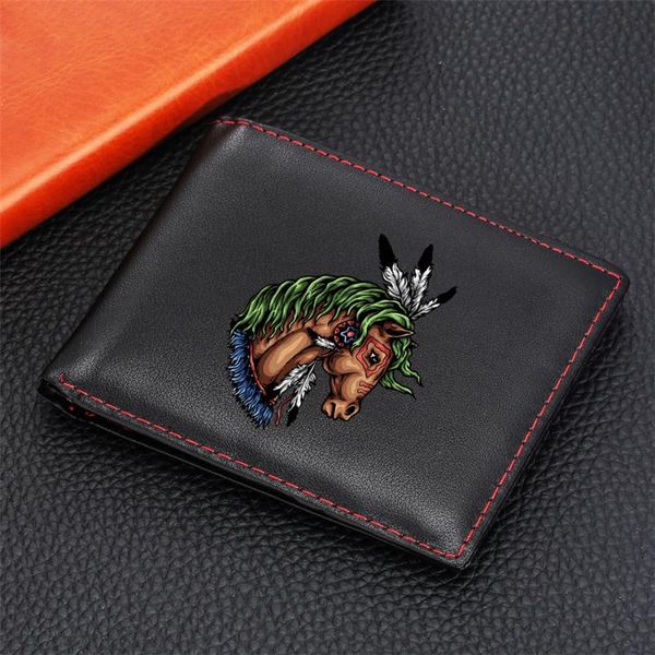 

cartoon horse printing men's purse foldable short standard card holder no zipper fashion male pu leather wallets, Red;black