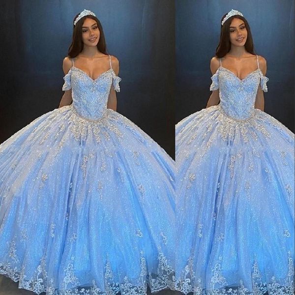 

sky blue quinceanera dresses lace applique beaded spaghetti straps tiered tulle crystals custom made prom princess sweet 16 birthday party g, Blue;red