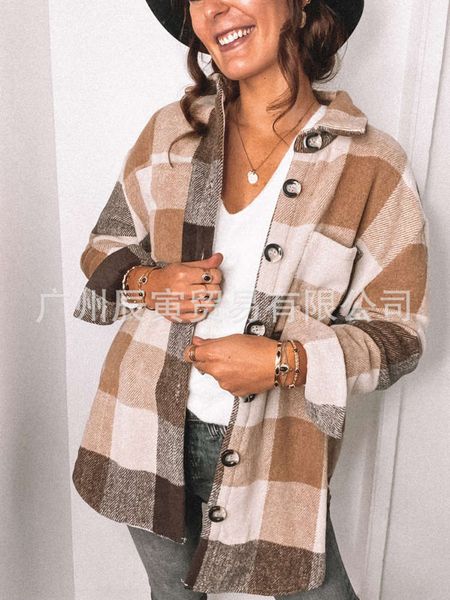 

autumn leisure long sleeve lapel loose shirt plaid wool coat, Black;brown