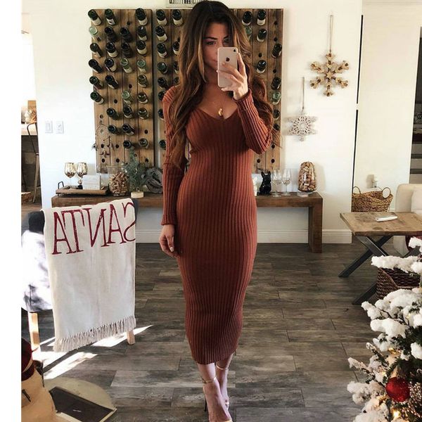 

oufisun autumn v-neck long sleeve stretchy midi dress fashion bodycon women casual party knitted pencil es 210517, Black;gray