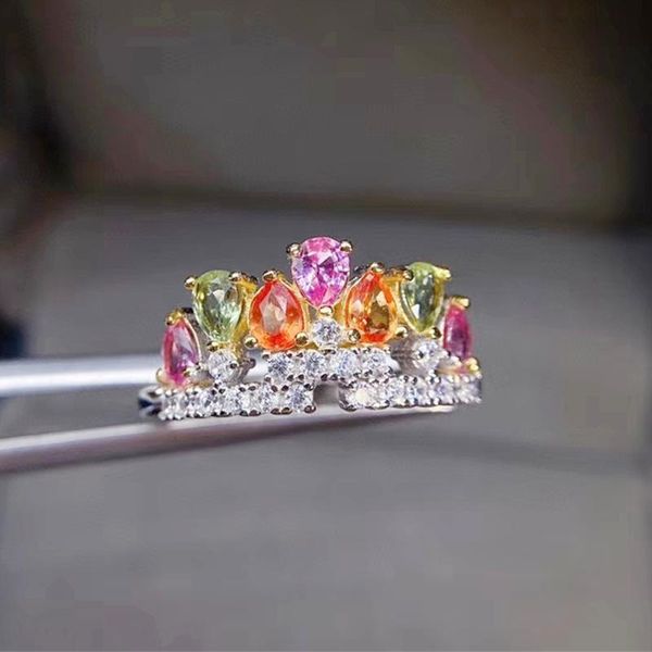 

natural real colorful sapphire crown ring per jewelry 925 sterling silver 3*4mm 0.25ct*7pcs gemstone fine j212218 cluster rings, Golden;silver