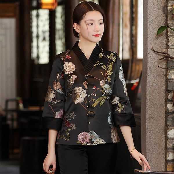 

women's jackets chinese style buttons women's clothing autumn retro jacquard plus size v-neck three quarter sleeve female short jac, Black;brown
